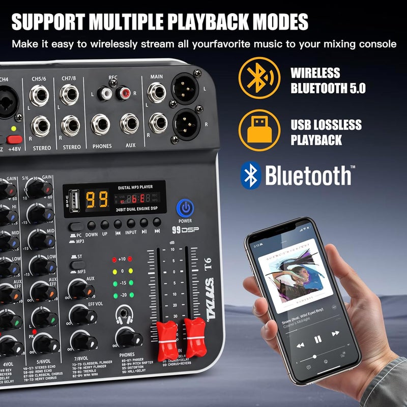 TKLBLS Audio Mixer, Studio Audio Sound Mixer Board, 6 Channel Unpowered Recording Mixers w/USB Audio Interface, DJ Mixer with 48V Phantom Power for KTV, Live Shows, Streaming, Conferences - Image 2